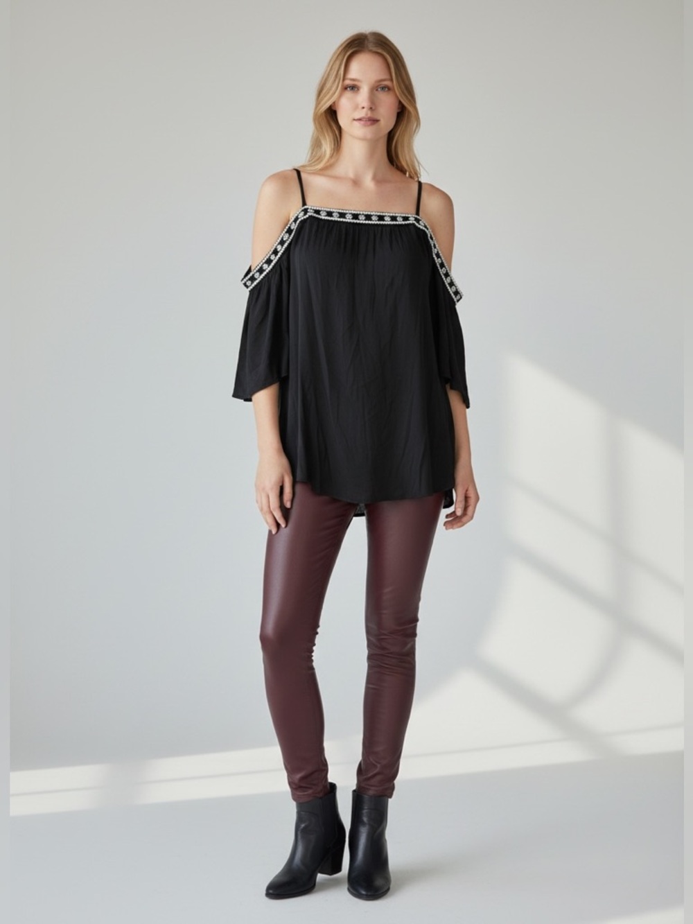 Cold-Shoulder Camisole with White Embroidered Trim NWT